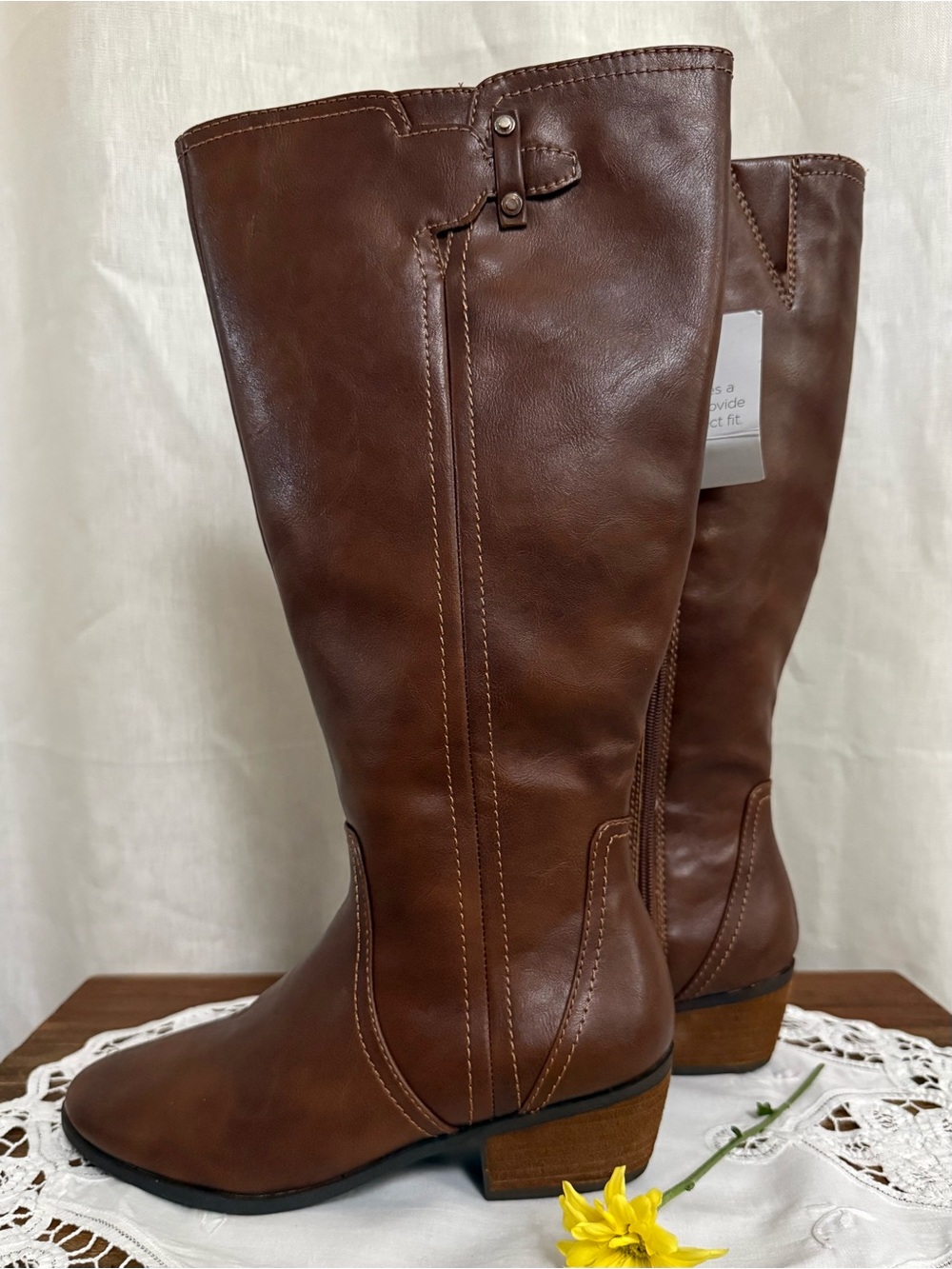 NWT Dr Scholls Brown Riding Boots 7 Wide Calf Knee High Faux Leather Block Heel